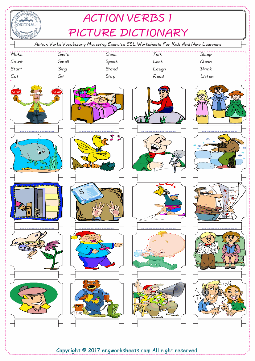  Action Verbs for Kids ESL Word Matching English Exercise Worksheet. 